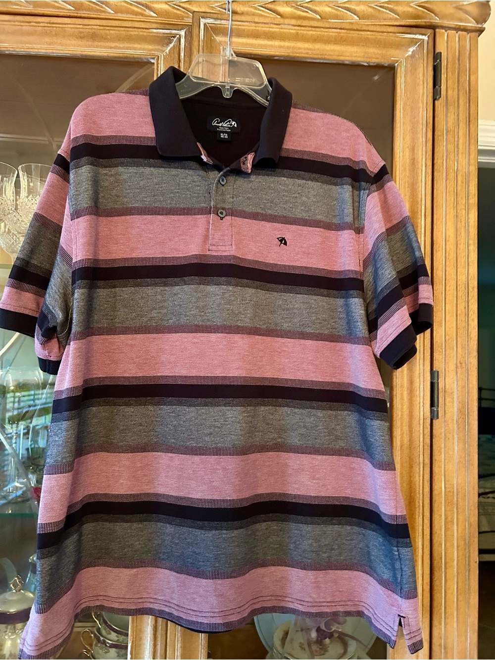 Arnold Palmer Men's Striped Polo Shirt in Pink and Gray with Black Collar